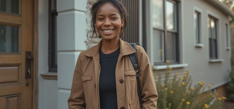 Investing in Rental Properties: Tips From Scott Trench (Set for Life) A smiling young woman standing in front of a house illustrates investing in rental properties