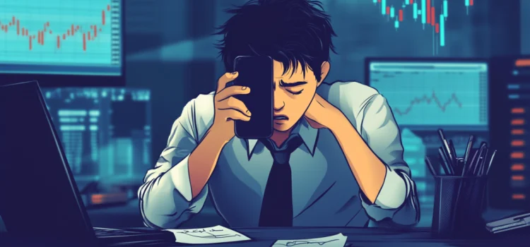 Greed and Fear in the Stock Market: The Investor’s Emotional Cycle A cartoon of a stressed man at a desk surrounded by monitors showing stock trends, representing greed and fear in the stock market