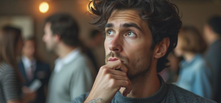 The Desire to Fit In: We Might Feel Safe, but We Aren’t Our Best A man with wavy brown hair thinking deeply while people behind him are chatting illustrates a desire to fit in