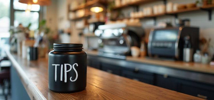 Eliminating Taxes on Tips: Is It a Viable Plan? A black jar labeled "TIPS" on the counter in a cafe illustrates eliminating taxes on tips
