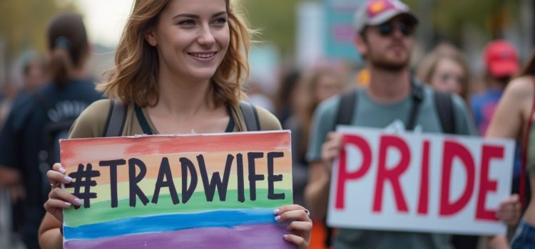 A History of Gender Identity: The Norms & Challenges to Them Activists with signs that say "#tradwife" and "PRIDE" illustrate the history of gender identity