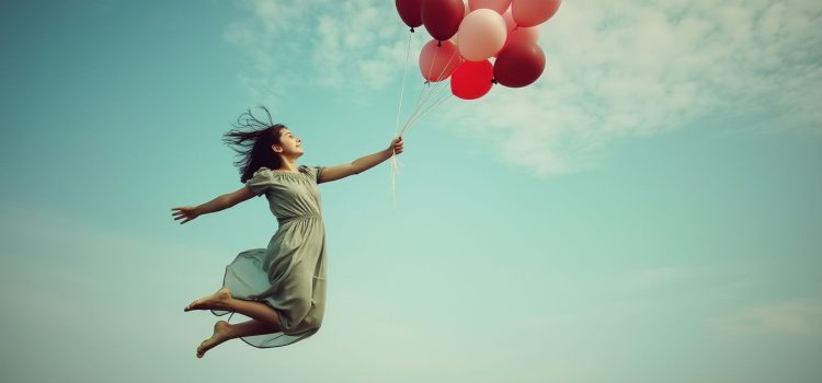 Raise Your Self-Esteem With These 5 Habits A woman floating in the air and holding helium balloons by the strings illustrates how to raise your self-esteem