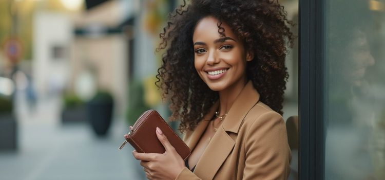 Empowering Beliefs About Money: 4 Steps to a New Mindset A smiling woman with curly hair standing in front of a shop and holding a wallet illustrates empowering beliefs about money
