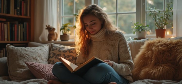 Unmasking Autism (Devon Price): Book Overview & Takeaways Woman with curly blonde hair and a turtleneck sweater sitting on a comfy sofa at home and reading a book