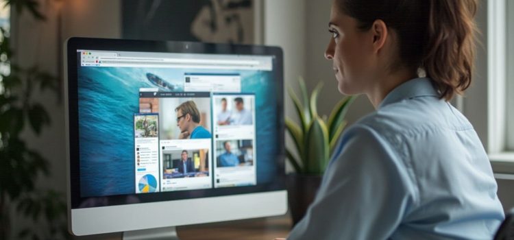 Social Media Prospecting: 3 Strategies to Boost Name Recognition A professional woman with a ponytail and blue shirt conducting social media prospecting on a desktop computer