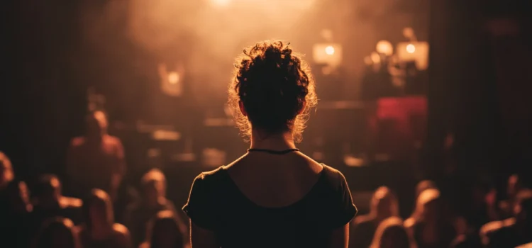 Why Storytelling Matters: Improve Your Relationships & Career From behind, a woman is standing on a stage in front of a faceless crowd, signifying why storytelling matters