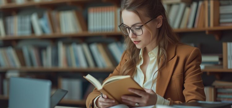 The Diary of a CEO: Book Overview (Steven Bartlett) A young woman with glasses reading a book at a table surrounded by books and bookshelves