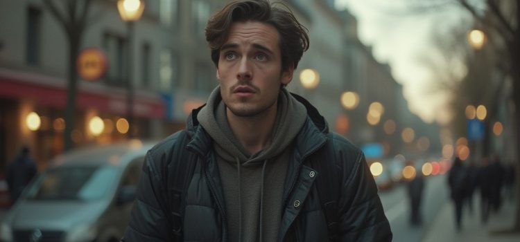 Does Overthinking Cause Anxiety? Experts Weigh In A worried man with wavy brown hair and a jacket and walking in a city raises the question, "Does overthinking cause anxiety?"