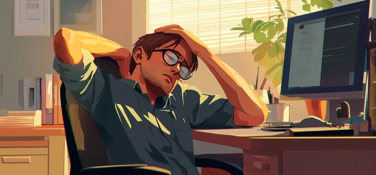 The History of Burnout: Which Generation Had It Worse? An artistic rendering of an exhausted man sitting at a computer desk looking burned out from work