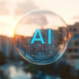 A soapy bubble labeled "AI" floating through the air in a city illustrates the question "Has the AI bubble burst?"