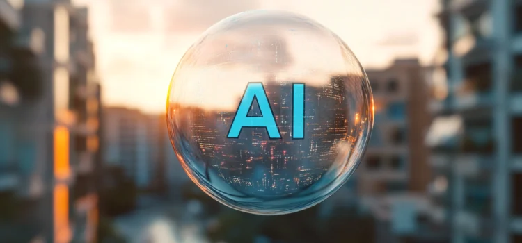 Has the AI Bubble Burst? Why Some Say “Yes” & Others Say “No” A soapy bubble labeled "AI" floating through the air in a city illustrates the question "Has the AI bubble burst?"
