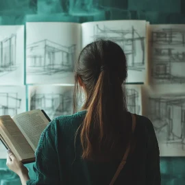 An architect reading a book in front of architecture drawings on a wall