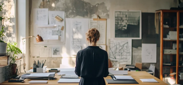 The Architecture Skills You Need to Overcome Challenges A woman using architecture skills in their workspace full of sketches