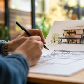 An person using architecture drawing techniques to sketch a home