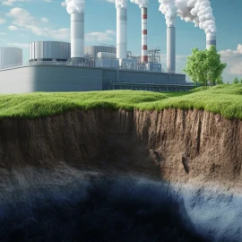 An artistic image depicting a factory on a hill with a splice to show water underground, indicating how carbon capture and storage works
