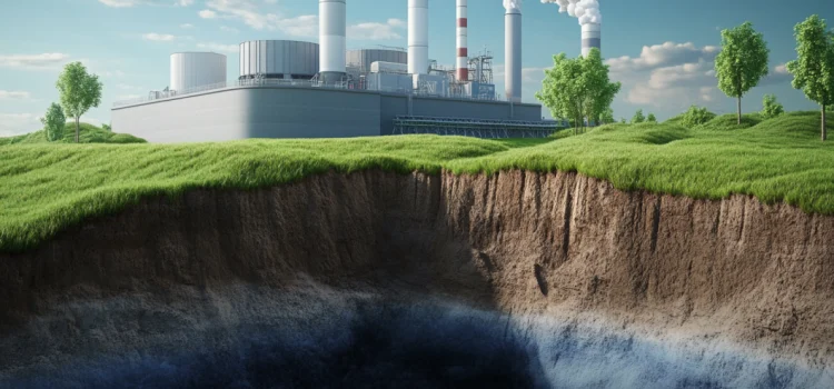 Carbon Capture and Storage in the UK: Benefits & Risks An artistic image depicting a factory on a hill with a splice to show water underground, indicating how carbon capture and storage works