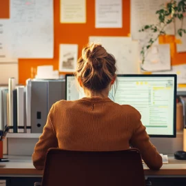 A woman who knows how to eliminate distractions, working on a computer in a clean and organized office