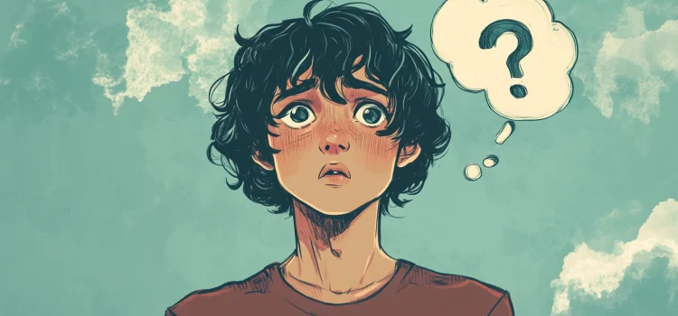 ADHD Memory Issues: How to Avoid Getting Easily Distracted A confused boy suffering from ADHD memory issues with a thought bubble that has a question mark inside of it