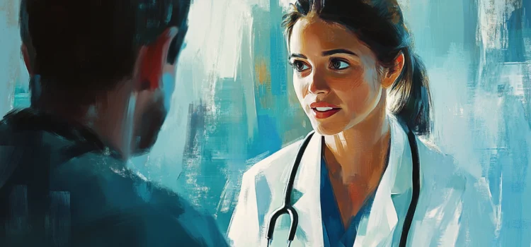 The Right to Healthcare in the US: A Brief Timeline An artistic rendering of a female doctor conversing with a male patient, signifying his right to healthcare