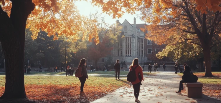 US Colleges Are Shutting Down: Here’s Why (+ the Impacts) Students walking on a college campus during the fall, representing the fact that large colleges are doing well while small colleges are shutting down