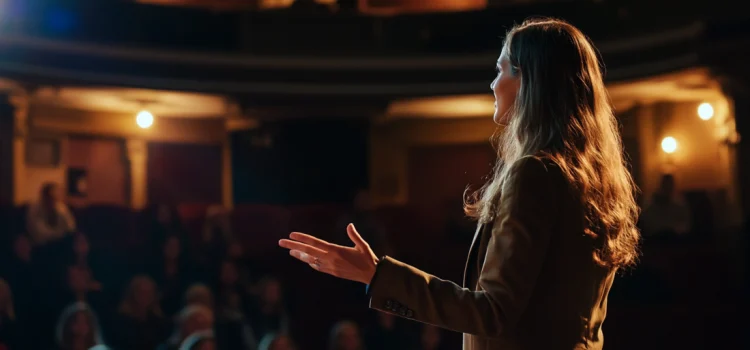 How to Be More Charismatic: Power Through Body Language A woman showing how to be more charismatic by talking with confidence to an audience