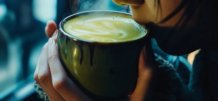 Pros and Cons of Green Tea: Is It Really “Nature’s Ozempic”? A young girl drinking a matcha latte out of a ceramic mug, considering the pros and cons of green tea