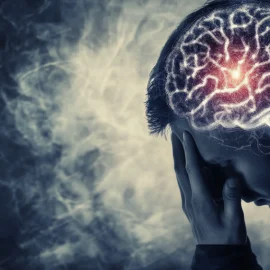 A sad man whose brain is highlighted illustrates the science of grief