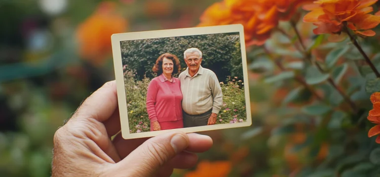 The Great Boomer Wealth Transfer May Set America Backward A hand holding an old photograph of a baby boomer age couple with trees in the background