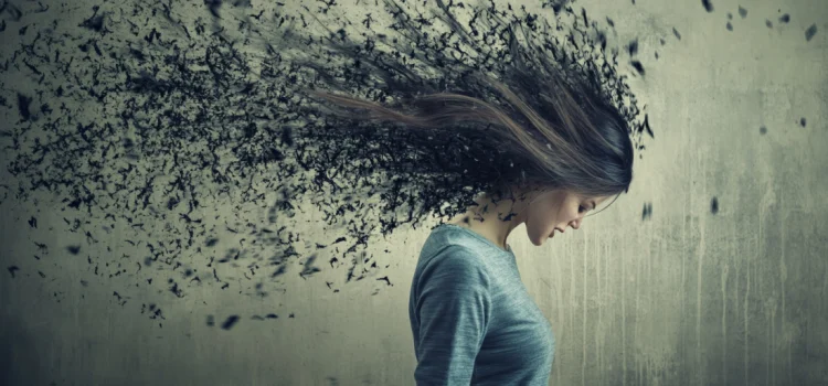 ADHD and Impulsive Behavior: How to Pause Before Acting Black specks breaking from a woman's hair, representing ADHD and impulsive behavior