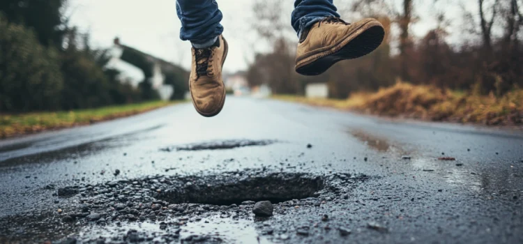 Overcoming Obstacles in Life: Facing Conflict and Failure A man jumping over a pothole in the road, overcoming obstacles in life