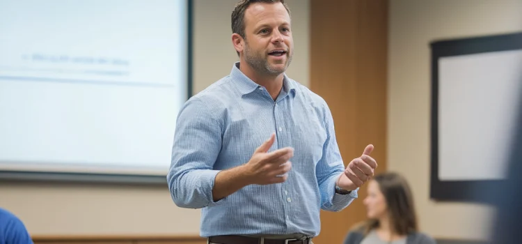 3 Successful Leader Characteristics That Drive Excellence A businessman showing successful leader characteristics by talking in front of a group of people in a presentation