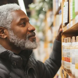A man looking at a product on a shelf, representing the psychology of retail