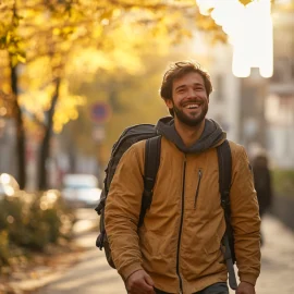 A happy man who has learned how to go with the flow, walking down a sidewalk in a city