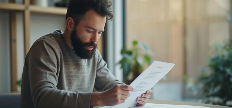 Crafting a Resume for Government Jobs: How to Showcase Yourself A man with a beard sitting at a desk and looking at a resume for government jobs
