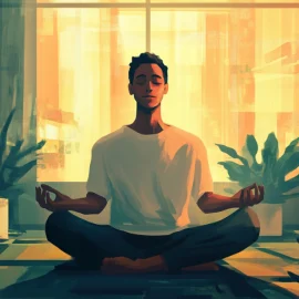 A man meditating in a room lit by sun, trying to be more present in the moment