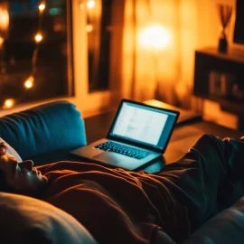 A man sleeping on the couch with his laptop open, giving into the low causes of motivation