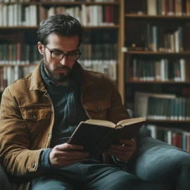 A man reading a book in a library