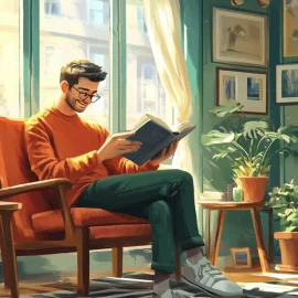 A man happily reading a book at home