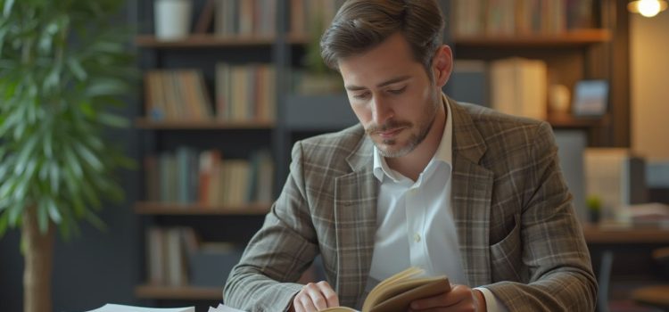 Continuous Discovery Habits by Teresa Torres: Book Overview A man in a checked jacket reading a book in an office with a big plant and bookshelves in the background