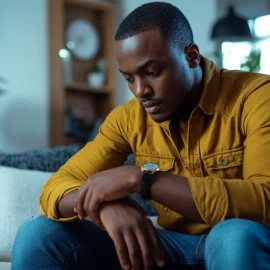 A man sitting on his couch and wearing a watch, trying to practice time management and productivity