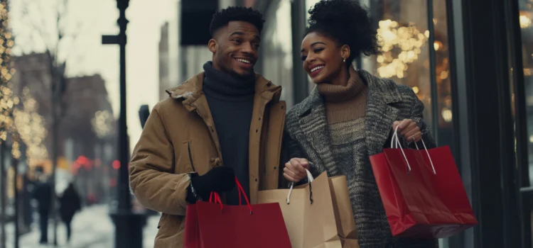 The Relationship Between Age, Gender, and Consumer Behavior A man and a woman in winter attire holding shopping bags outside, showing gender and consumer behavior differences