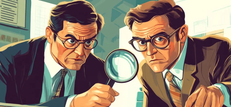 Do Performance Improvement Plans Work? The Pros and Cons A drawing of two managers in suits looking through a magnifying glass to signify an employee Performance Improvement Plan