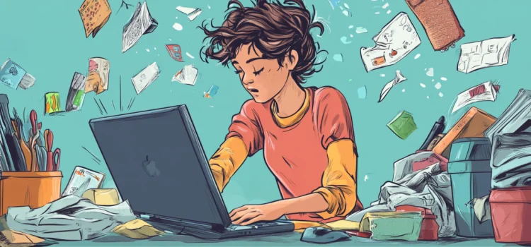 Cognitive Flexibility and ADHD: The Struggle to Multitask A person trying to multitask by working on the computer at a messy desk, trying to practice cognitive flexibility with ADHD