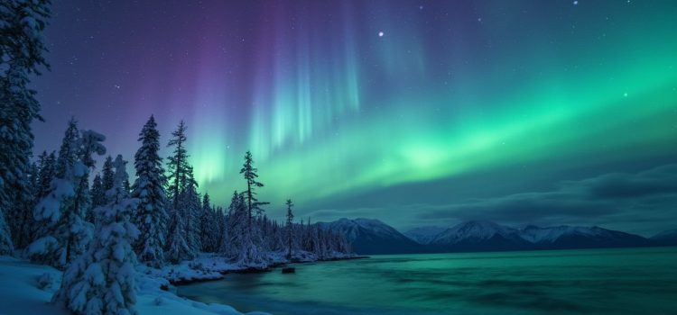What Are the Northern Lights, and What Causes Them? The aurora borealis seen over a lake and snowy trees illustrates what the northern lights are and what causes them