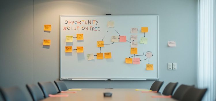 Teresa Torres’s Opportunity Solution Tree for Product Discovery A conference room with a white board that has sticky notes, a flowchart, and the words "opportunity solution tree"