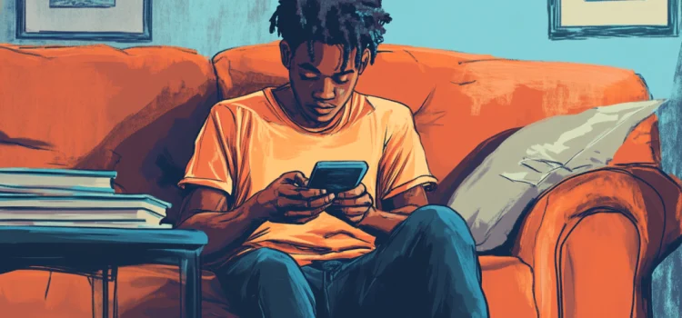 What the Decline of Reading Means for America’s Future An artistic image of a young man using his phone on a couch while a pile of books lies on the table, signifying the decline of reading
