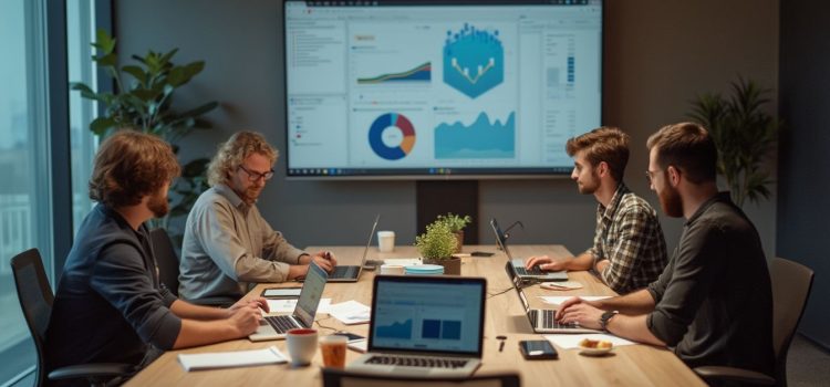 Continuous Product Discovery: Aligning Products With Needs Four men on a team engaging in continuous product discovery in a conference room with laptops and a big screen