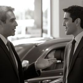 A black and white image of a salesman speaking to a customer, practicing perspective getting