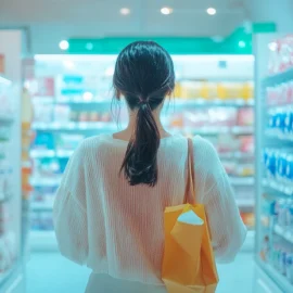 A woman in the aisle of a store, showing what affects consumer behavior