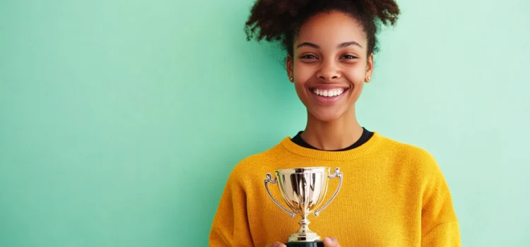 Why a Meritocracy Society Probably Doesn’t Exist A smiling woman holding a trophy in a meritocracy society